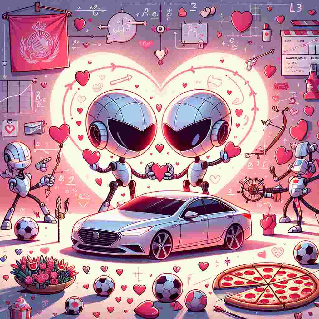Illustrate a delightful scene in a cartoon-style atmosphere with floating whimsical hearts and shades of soft pastel setting the romantic theme for Valentine's Day. The centerpiece is a delicately designed car similar to a popular European sedan model, glorified with playful graphics, and a color scheme of reds and pinks. Two affectionate humanoid robots resembling the ones from a famous robot-themed multimedia franchise are romantically sharing heart-shaped gears. Other loving character's corrective-detailed shadows are interacting by showing friendly greetings that resemble heart gestures, drawn in light-hearted cartoon fashion. A banner showcasing a well-loved football club theme is displayed in the background with personified cartoon footballs portraying emotive faces. A portion of pepperoni pizza is proudly sporting cupid's bow and arrow, symbolizing a profound affection towards the delicious cheesy fare. Engaging equations and symbols representative of physics seemingly float around, adding an intellectual allure to the love-themed gathering.
Generated with these themes: Volvo S60, Transformers, Star trek, Arsenal football club, Pizza, and Physics.
Made with ❤️ by AI.
