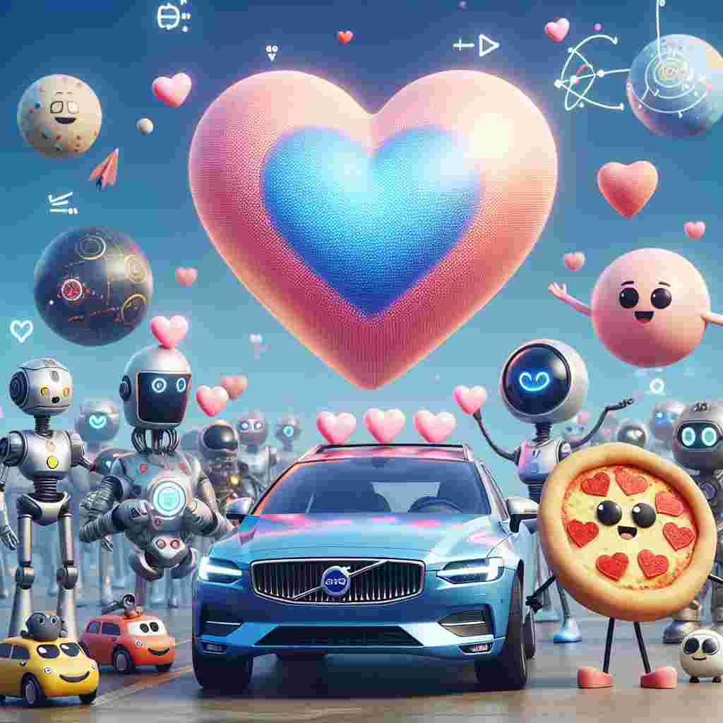 In this sweet, charming scene, a car similar to a Volvo S60 is depicted with heart symbols all over. It's surrounded by playful robot-like figures exuding a friendly aura in a tranquil, non-conflicting environment. Cartoonish representatives resembling space exploration characters, including a cheerful lead character and a small, furry extraterrestrial creature, are having a celebration of love day, signified with a heart-adorned space organization symbol. An animated football club emblem is waving amidst a crowd of good-humored spherical objects related to the sport, all marked with hearts. An animated slice of pizza looks giddy, its toppings arranged into a gentle smile. Concepts of physics have been interpreted humorously as cartoonish formulas and particles, adorably orbiting around a central heart, signifying the theme of the all-pervading power of love.
Generated with these themes: Volvo S60, Transformers, Star trek, Arsenal football club, Pizza, and Physics.
Made with ❤️ by AI.