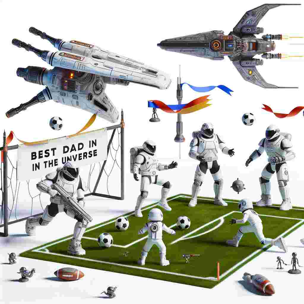 A playful mash of space fiction and football can be seen. A group of alien soldiers in white armor and freedom fighters in mismatched gear have halted their clash to participate in a game of football, using a futuristic ball which appears as a compact energy device. Above them, a sign reads 'Best Dad in the Universe', elegantly attached across the space, supported by two goalposts that resemble alien fighter spaceships. A prominent, uniquely-shaped spaceship hovers in a victory flight above, trailing ribbons in team colors.
Generated with these themes: Star wars, and Football.
Made with ❤️ by AI.