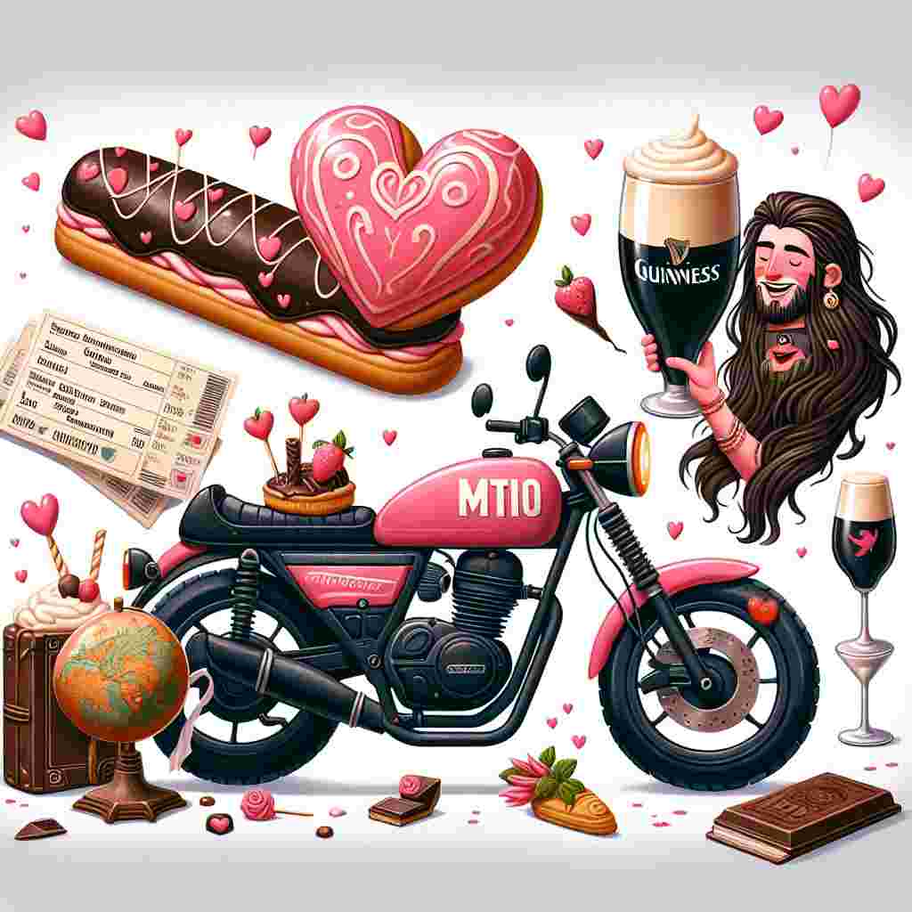 Create a whimsical illustration set in a Valentine's ambiance, featuring an MT10 motorbike. The bike should possess a romantic element with heart patterns and rosy tones integrated into its design. A chocolate eclair charmingly forms the bike's plush seat. Next to the motorbike, you'll find a globe and travel tickets, suggesting a forthcoming journey. A long-haired couple of mixed descent - one Caucasian man and one Black woman - are seen cheering with glasses of frothy Guinness. Their love and excitement for their journey seem as rich and indulgent as the gourmet treats incorporated in the image.
Generated with these themes: Motorbike MT10, Chocolate eclair, Travel, Guinness, and Long hair.
Made with ❤️ by AI.