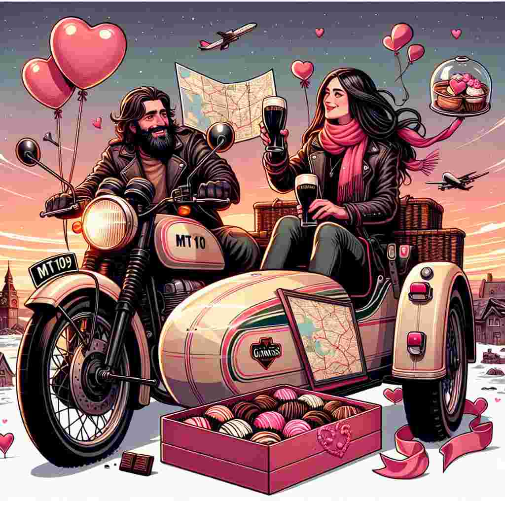 Create a heartwarming illustration set on Valentine's day featuring a stylish Motorbike MT10 complete with a sidecar, both charmingly decorated with hearts and pink ribbons. Nestled in the sidecar lies an inviting box of chocolate eclairs, teasing a deliciously sweet adventure. A Middle-Eastern man and a Caucasian woman, both with flowing long hair, are gearing up for a journey, sharing a toast with pints of Guinness. A sprawled map across the bike's tank indicates their travel plans, while overhead, the sky blushes with the hues of romantic twilight.
Generated with these themes: Motorbike MT10, Chocolate eclair, Travel, Guinness, and Long hair.
Made with ❤️ by AI.
