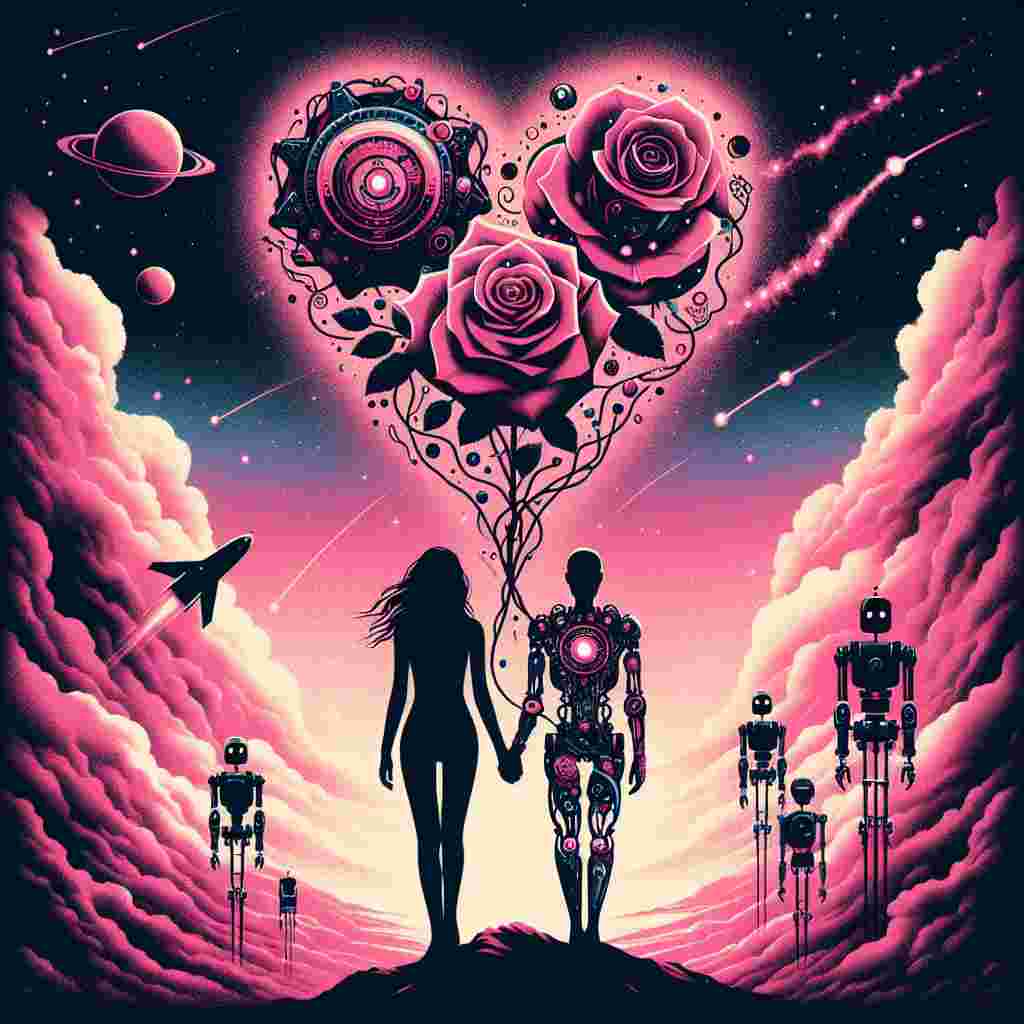 Produce a Vector-style surrealistic digital artwork apt for Valentine's Day. The silhouettes of a female human companion and a humanoid robot stand hand-in-hand against a backdrop of a pink nebula. Time-themed roses with intricate mechanical stems float above them, symbolizing the blend of human emotion with mechanical precision. An enigmatic heart-shaped constellation in the sky pulsates with a rosy hue, encapsulating a fusion of sci-fi themes with the spirit of romance.
Generated with these themes: Doctor Who, and Pink.
Made with ❤️ by AI.