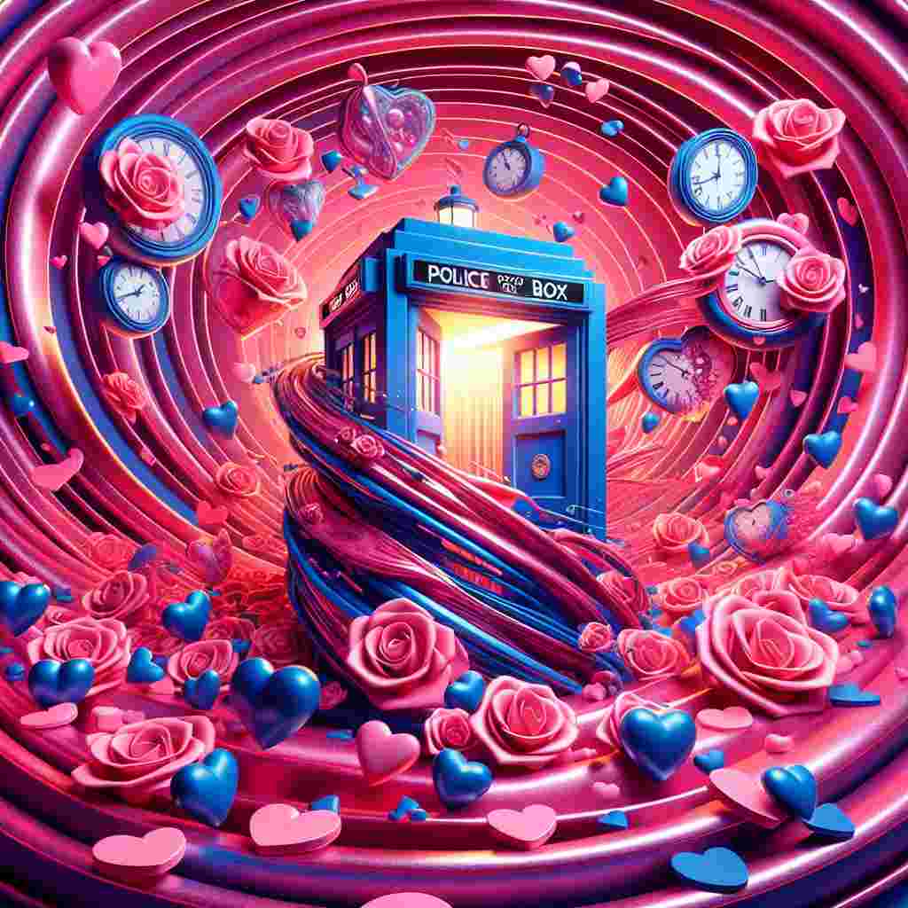 A Surrealist Valentine's Day vector scene where a mysterious blue vintage British police box materializes amidst a swirl of vibrant pink hearts. The police box door is ajar, with a warm light emanating from within, inviting viewers into a world of romantic time travel adventures. Scattered around are peculiar clocks melting over roses, echoing Salvador Dali's style (a artist whose work was created prior to 1912), symbolizing the timeless nature of love.
Generated with these themes: Doctor Who, and Pink.
Made with ❤️ by AI.