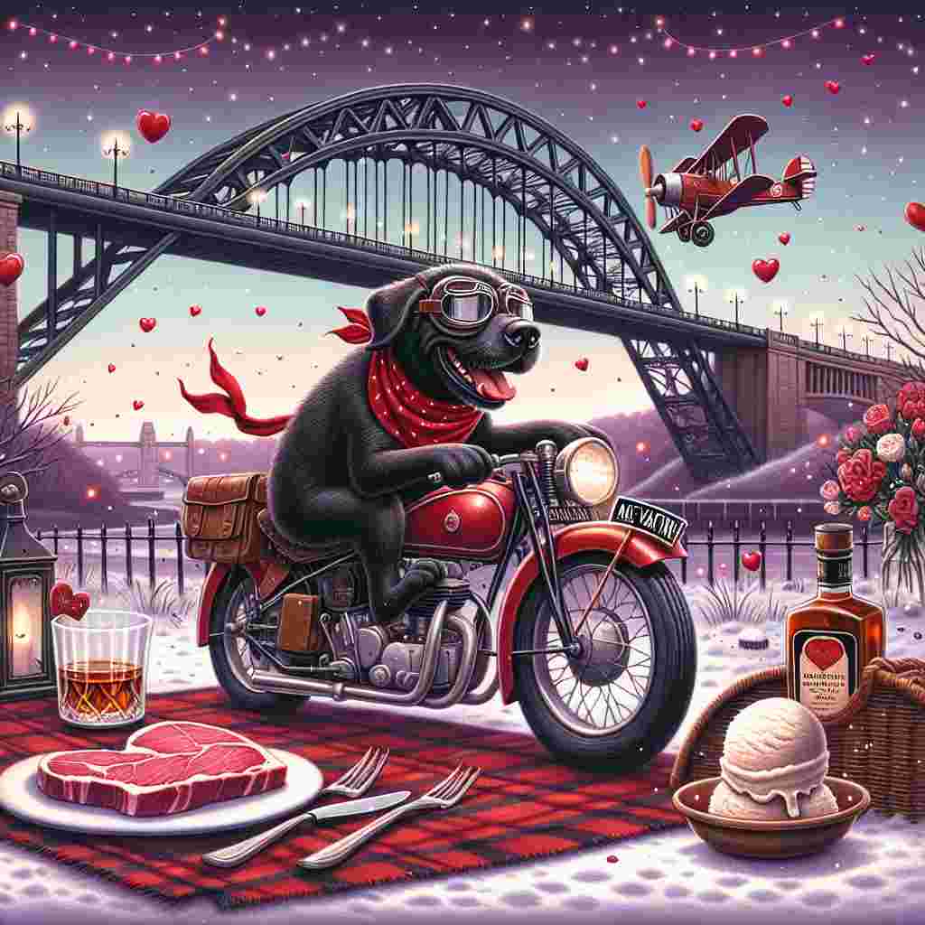 A whimsical Valentine's Day scene features a joyful Black Labrador wearing a red bandana and goggles, riding a fast red motorbike. In the background, the iconic Tyne Bridge is seen, adorned with twinkling lights against a dusky sky. Under the bridge, a bottle of whiskey and two glasses are set on a blanket, next to a heart-shaped steak ready for a romantic meal. Gentle snowflakes fall around, adding to the wintry charm of the scene. A bowl of vanilla ice cream topped with a gentle red heart waits to be enjoyed nearby. A vintage airplane from the era of early aviation trails a banner stating 'Be My Valentine', adding a retro touch to this love-filled scene.
Generated with these themes: Black Labrador riding sports motorbike , Tyne bridge, Whiskey, Heart shaped steak, Snow, Vanilla ice cream, and X wing.
Made with ❤️ by AI.