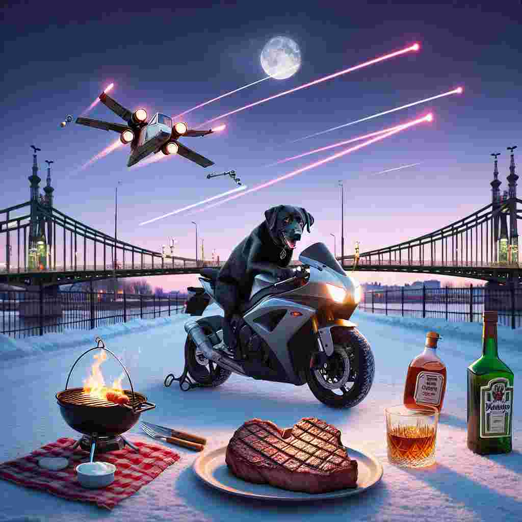 Create a funny, Valentine's Day-themed image. The main character of this scene is a black Labrador, depicted with a playful smirk as it skillfully rides a powerful sports motorbike on a road covered with snow. The romance of the evening is enhanced by a majestic city bridge, softly glowing, in the background. Adding more humor, a cozy picnic scene is set up at the roadside where a heart-shaped steak is sizzling on a small portable grill, with a bottle of chilled whiskey nearby ready for toasting. There's an untouched plate with a scoop of vanilla ice cream garnished with a heart-shaped sprinkle. Interestingly, above the scene, an adventure-themed twist is also present as a spaceship resembling the general shape of an X-wing aircraft draws a heart-shaped trail in the sky.
Generated with these themes: Black Labrador riding sports motorbike , Tyne bridge, Whiskey, Heart shaped steak, Snow, Vanilla ice cream, and X wing.
Made with ❤️ by AI.
