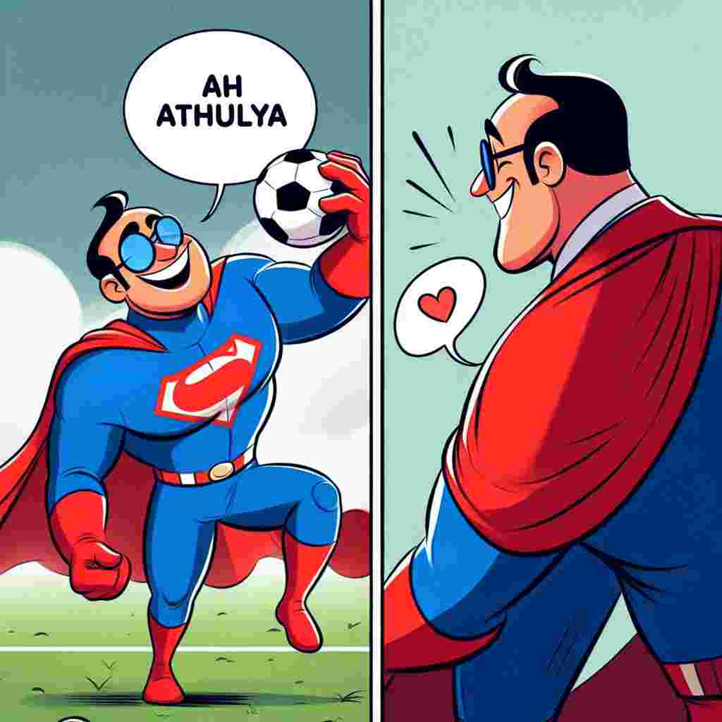 An endearing cartoon of a generic superhero primarily dresses in blue and red, engaging in an exciting game of football. This superhero's portrayal leans towards the delightful, appealing side instead of the typically severe or stern outlook. The art style implemented here presents soft, rounded shapes coupled with an array of vibrant, enticing colors. While engrossed in the middle of the game, the superhero turns to meet the gaze of the audience, radiating a broad, heartfelt smile. A speech bubble above him frames the phrase 'Ah Athulya', signifying his gratitude, possibly for the sheer fun of the game or the unwavering support of his cartoon admirers.
Generated with these themes: Superman playing football and saying "ah athulya" .
Made with ❤️ by AI.