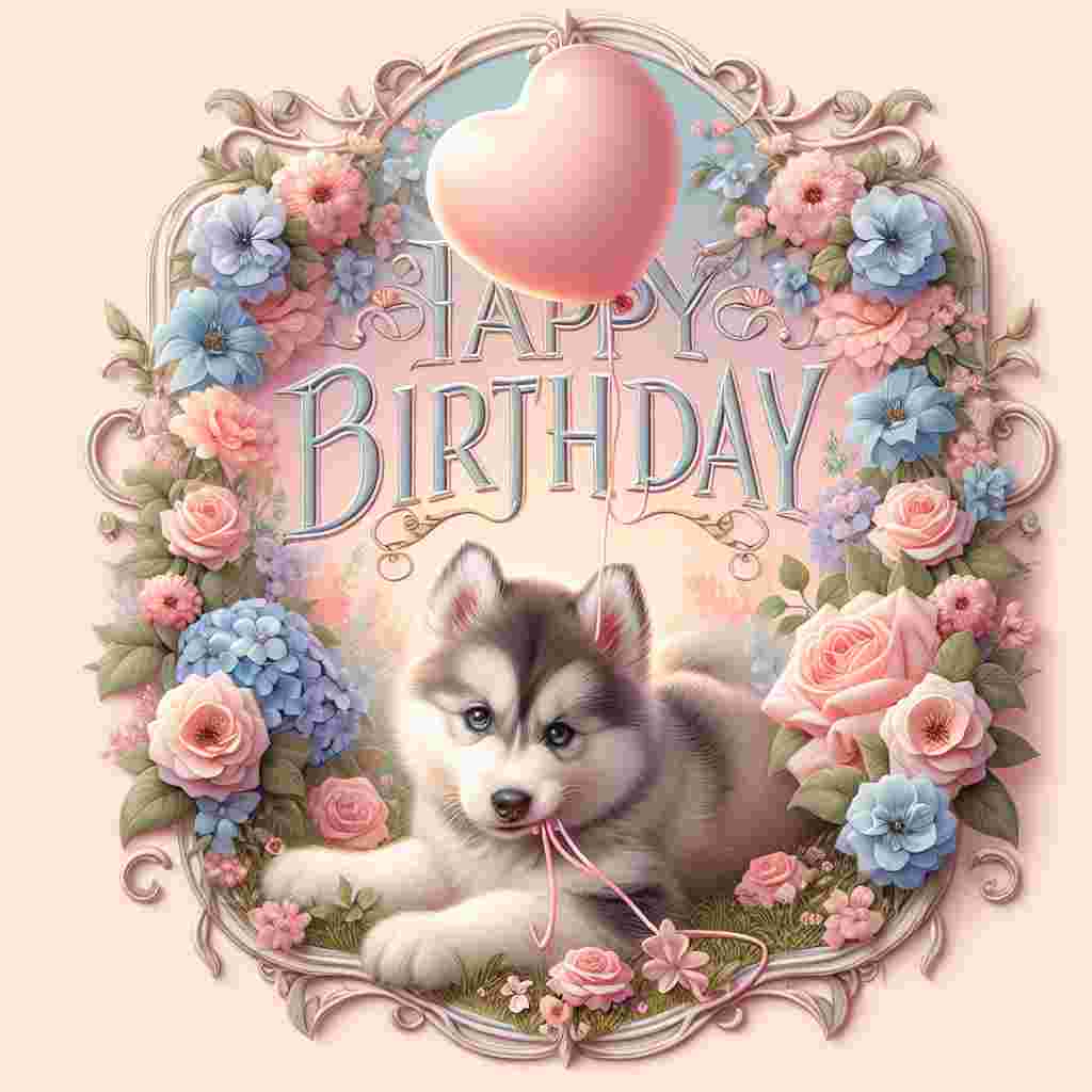 An endearing birthday scene where a fluffy Siberian Husky pup lies in a bed of pastel colored flowers. The pup holds a ribbon in its mouth, attached to a floating balloon shaped like a heart. In the backdrop, 'Happy Birthday' is scripted in a whimsical, flowing font, complementing the softness of the illustration.
Generated with these themes: Siberian Husky  .
Made with ❤️ by AI.