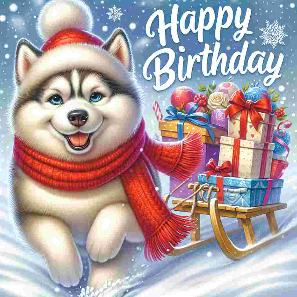 A winter-themed birthday illustration showcasing a smiling Siberian Husky amidst a snowy landscape. The husky, adorned with a bright red scarf, is pulling a sled carrying a pile of festively wrapped gifts. Snowflakes are gently falling, and the words 'Happy Birthday' appear like a frosty breath above the husky.
Generated with these themes: Siberian Husky  .
Made with ❤️ by AI.