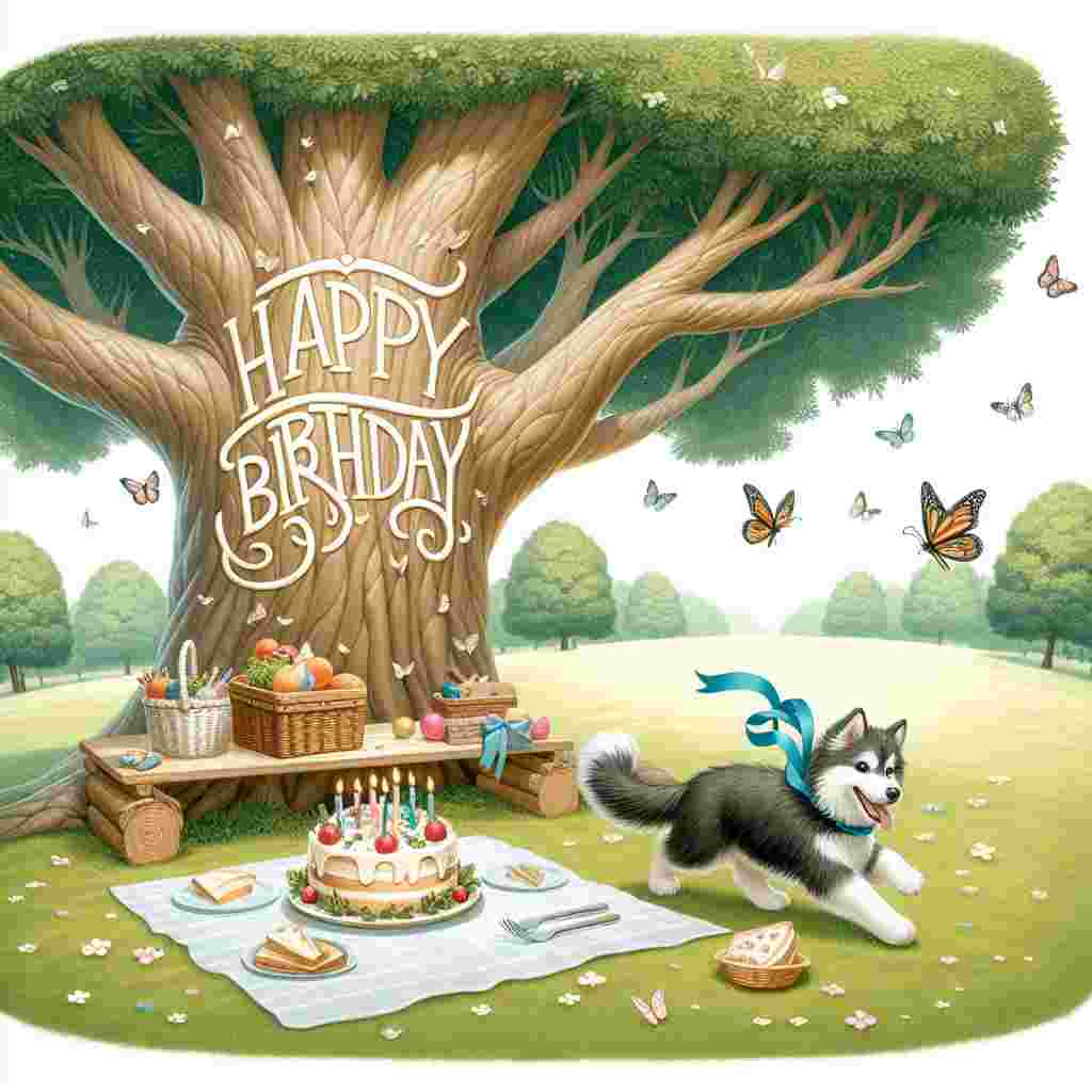 A charming birthday illustration set in a park with a Siberian Husky playfully chasing butterflies. The husky has a ribbon tied around its neck, and nearby, a picnic spread complete with a small birthday cake sits under a tree. 'Happy Birthday' is etched into the trunk of the tree, integrating with the natural scene.
Generated with these themes: Siberian Husky  .
Made with ❤️ by AI.