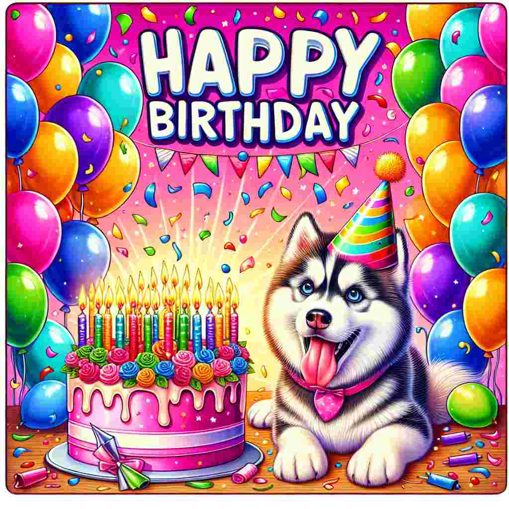 A colorful birthday card illustration featuring a playful Siberian Husky wearing a party hat amidst balloons and confetti. The husky's tongue lolls out in a happy pant as it sits beside a large birthday cake with candles. Above the scene, the words 'Happy Birthday' are written in bold, cheerful letters.
Generated with these themes: Siberian Husky  .
Made with ❤️ by AI.