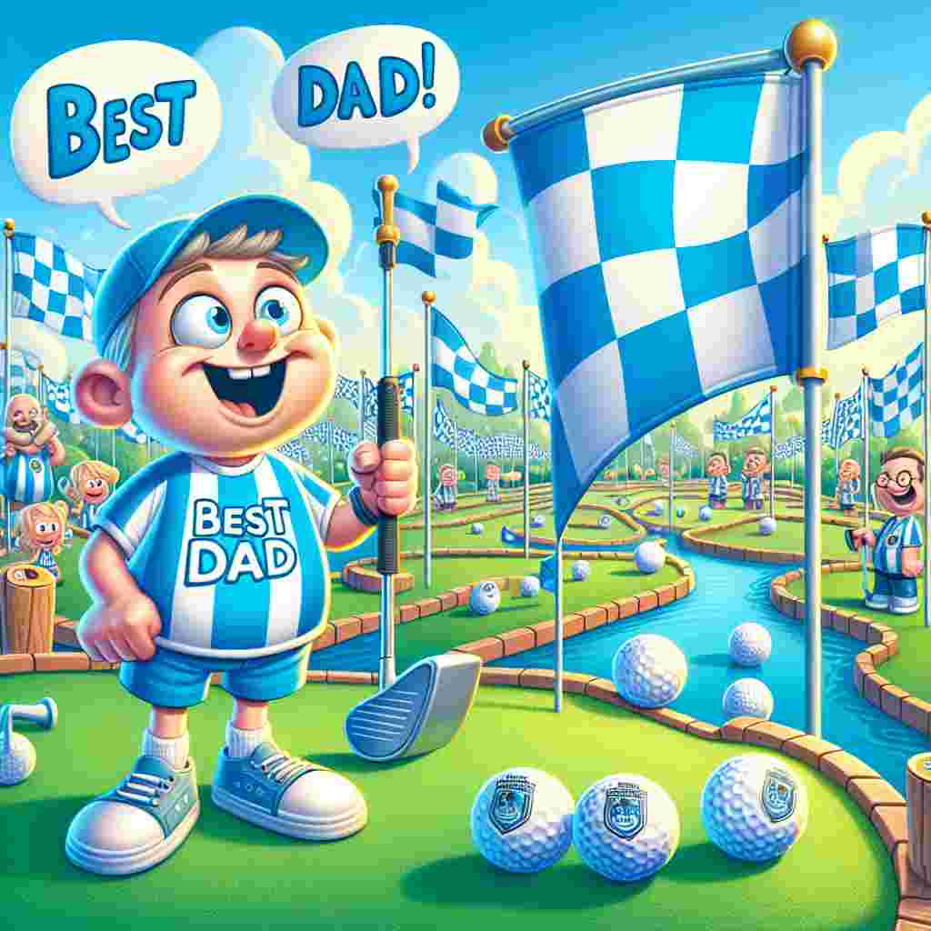 Visualize a charming cartoon scene set on a bright and sunny day at a mini-golf course with whimsical, exaggerated details. Numerous flags, flaunting a pattern of blue and white symbolic of an unspecified football club, playfully flutter on the course. In the scene's forefront, a golf ball imprinted with the words 'Best Dad' is poised at the tee, with a child-sized mini-golf club lying beside it. An overjoyed cartoon daughter, attired in a considerably large jersey reflecting the colors of the unnamed football club, victoriously holds a larger club, mimicking the pose of a professional golfer. Funny speech bubbles positioned above the holes shower players with encouraging father-themed merriments.
Generated with these themes: Everton , Golf , and Dad and daughter .
Made with ❤️ by AI.