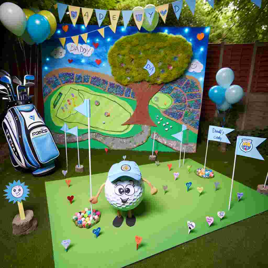 Imagine a cartoon-style depiction of a backyard transformed into a whimsical makeshift golf course, adorned with handmade flags showing the emblem of a popular soccer team, fluttering gently in the soft wind. A patch of vivid green artificial grass hosts a child-sized golf set, with a joyful golf ball character donning a tiny cap that bears the endearing words 'Daddy's Caddy'. Nearby, a colorful sketch of a golf course layout stands tall and radiant, artistically put together by a young girl and carrying a sweet inscription that reads 'Fore the best Dad!' The surrounding trees twinkle with blue and white balloons tied to their branches, creating a festive atmosphere. The scene is prepared for a charming father-daughter golf day, featuring finishing touches such as tee markers fashioned in the shape of hearts and hugs.
Generated with these themes: Everton , Golf , and Dad and daughter .
Made with ❤️ by AI.