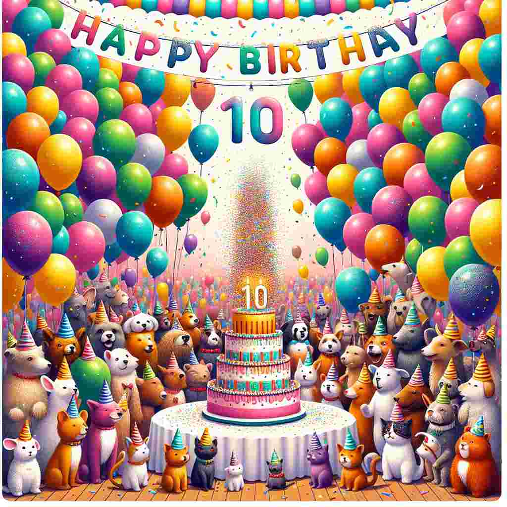 A colorful scene depicting a group of playful animals wearing party hats and gathered around a large '10th' shaped cake. Balloons and confetti fill the air while a banner with the text 'Happy Birthday' stretches overhead.
Generated with these themes: 10th  .
Made with ❤️ by AI.