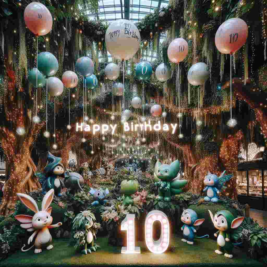 An illustration showing a whimsical forest setting with fairy-tale creatures, each holding a balloon with the number '10' on it. A large 'Happy Birthday' sign is entwined in the branches above, surrounded by twinkling lights.
Generated with these themes: 10th  .
Made with ❤️ by AI.
