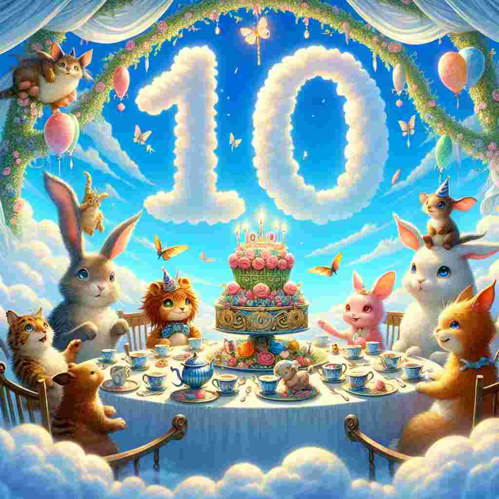 A delightful drawing of a fantasy tea party with friendly animals seated around a table set for the occasion. A centerpiece with the numeral '10' stands out, and above, the 'Happy Birthday' message is written in the clouds.
Generated with these themes: 10th  .
Made with ❤️ by AI.