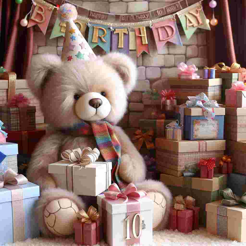 A charming illustration of a teddy bear in a party hat sitting in front of a pile of presents. The teddy bear is holding a gift with a tag that reads '10th.' The scene features a 'Happy Birthday' garland hanging in the background.
Generated with these themes: 10th  .
Made with ❤️ by AI.