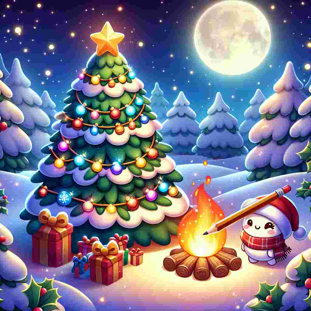 Create a heartwarming New Year's illustration under moonlight. The scene shows a snowy landscape with a tall, cute Christmas tree decked out with cheerful decorations that shimmer in the night sky. Vibrant clusters of holly berries are visible, piercing through the white blanket of snow and adding a pop of color to the serene setting. In the center of this display is a roaring fire, symbolizing warmth and celebration to complete the idyllic, joyous atmosphere of this cartoon-styled winter wonderland.
Generated with these themes: Christmas tree, Holly berries, Snow, Moonlight, and Roaring fire.
Made with ❤️ by AI.