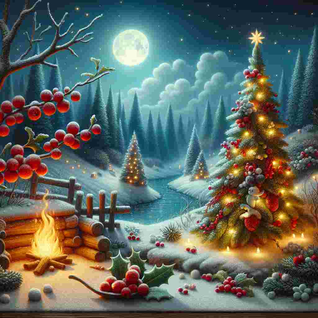 Craft a whimsical, cartoon-styled New Year's scene. The scene is graced with a charming Christmas tree which is adorned with sparkling lights and surrounded by a fresh dusting of snow. Bright red holly berries inject a vibrant contrast among the frosty landscape. The calm and serene setting is bathed in the gentle glow of moonlight, casting long and mystic shadows. A cozy log fire, crackling merrily with flames dancing about, casts a warm, inviting glow over the landscape, enhancing the festive and comforting ambiance of this enchanting tableau.
Generated with these themes: Christmas tree, Holly berries, Snow, Moonlight, and Roaring fire.
Made with ❤️ by AI.