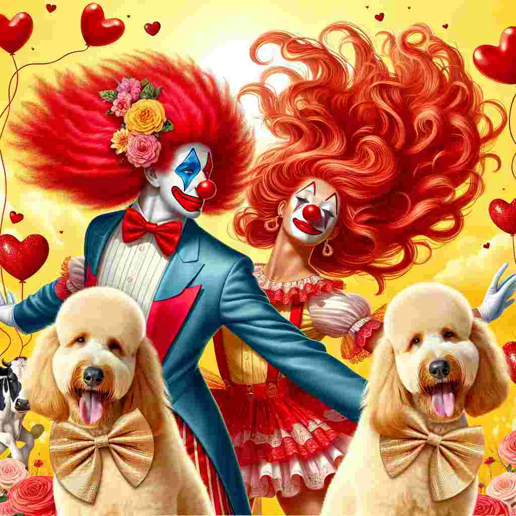 Create an enchanting Valentine's Day image of a duo of clowns with vibrant red hair. They are engaged in a joyful dance, with their locks twirling in motion. Set this against a backdrop of cheerful yellow, providing a sunny contrast to the scene. Playful cows are seen grazing in the surrounding area. Include a couple of exquisitely groomed Labradoodles in the scene, identifiable by their elegant champagne-colored bow ties, appearing to participate in the festive occasion.
Generated with these themes: Clown man and clown woman with red hair, Cows, Yellow, Dancing, and Champagne colur Labradoodles with bow ties.
Made with ❤️ by AI.