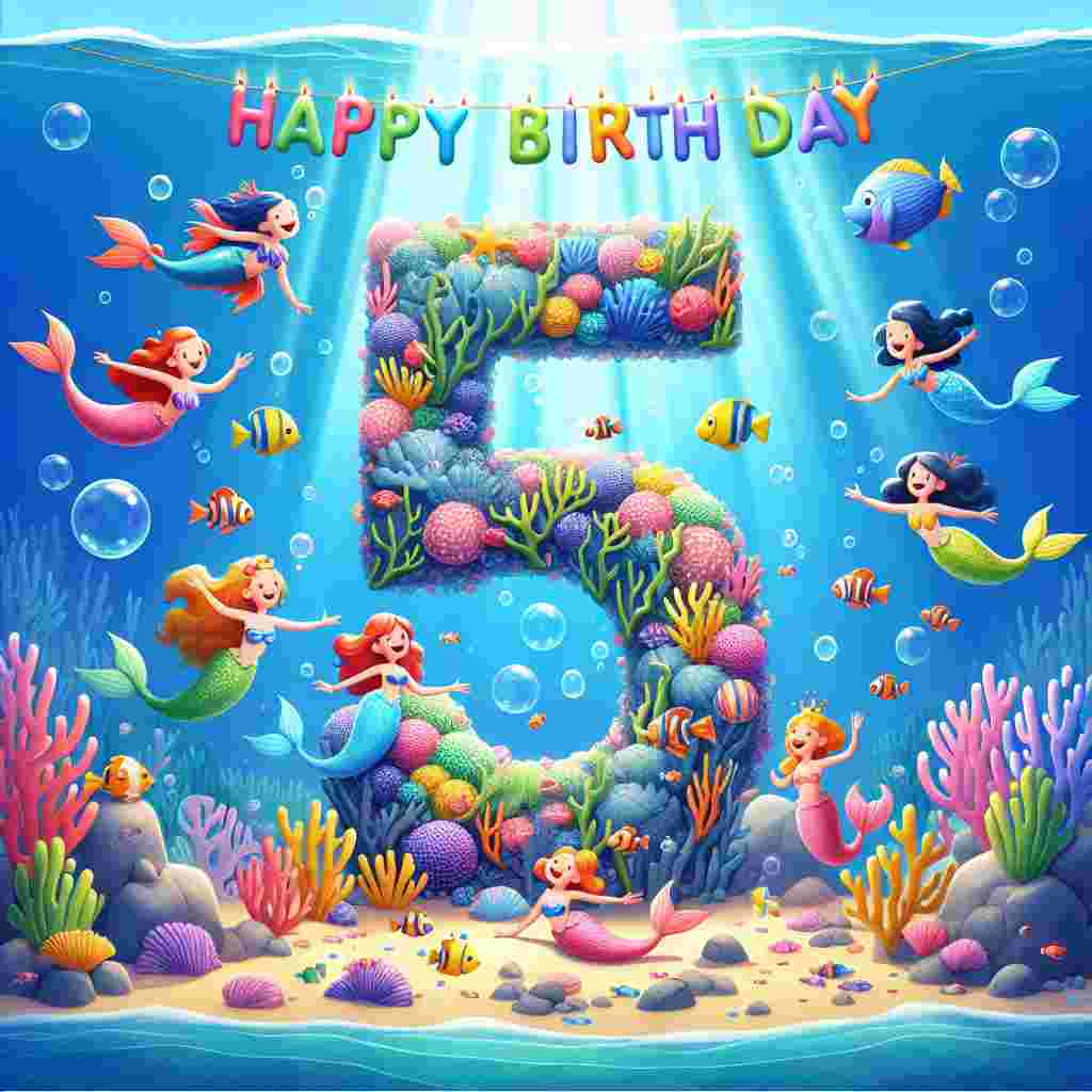A whimsical underwater scene for a 5th birthday, where mermaids and fish are swimming around a coral reef shaped like the number '5'. Bubbles float up to reveal the message 'Happy Birthday' written in vibrant seaweed letters against a backdrop of sun rays filtering through the water.
Generated with these themes: 5th kids  .
Made with ❤️ by AI.