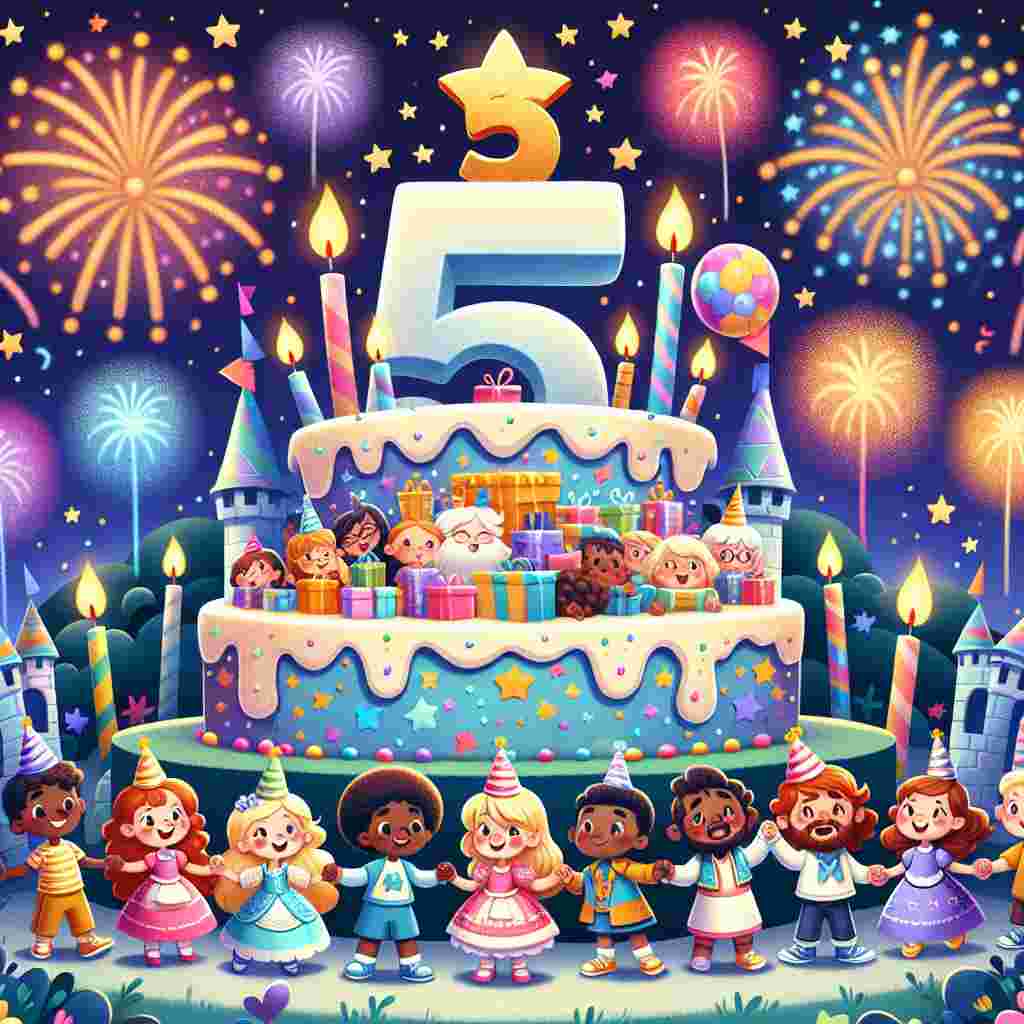 An adorable scene depicting a fairy-tale setting with a giant '5' shaped cake, decorated with stars and sprinkles. Playful kids' characters gather around the cake, each holding a small gift. The sky above them sparkles with fireworks that form the words 'Happy Birthday'.
Generated with these themes: 5th kids  .
Made with ❤️ by AI.