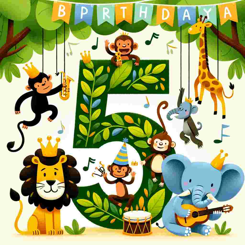 A playful jungle-themed birthday illustration with a friendly lion wearing a crown beside a large '5' covered in leaves. Monkey, giraffe, and elephant cartoon characters are playing musical instruments around it. Overhead, the tree canopy holds up a sign saying 'Happy Birthday'.
Generated with these themes: 5th kids  .
Made with ❤️ by AI.