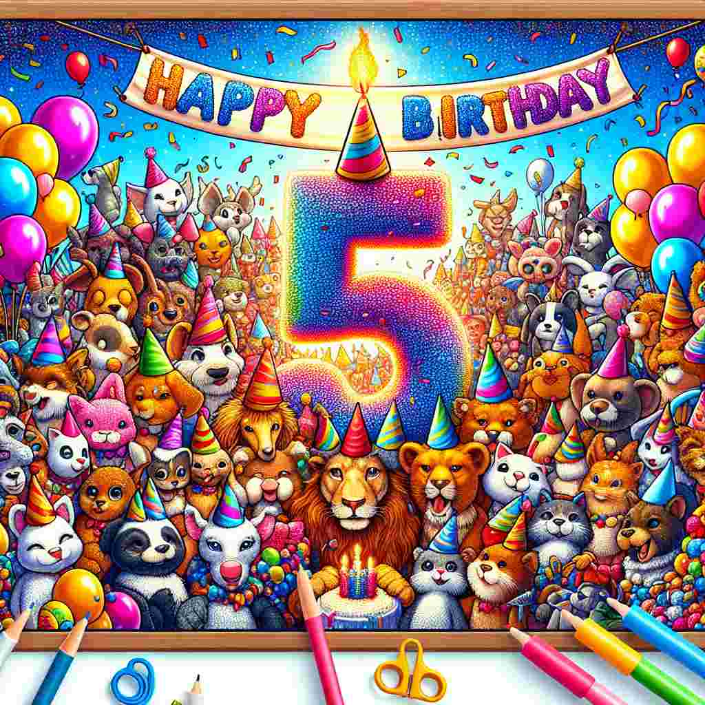 A colorful illustration featuring a group of cartoon animals wearing party hats at a birthday party. In the center, a cheerful number '5' is adorned with glitter and surrounded by balloons and confetti. A banner above reads 'Happy Birthday,' tailored for a 5th birthday celebration.
Generated with these themes: 5th kids  .
Made with ❤️ by AI.