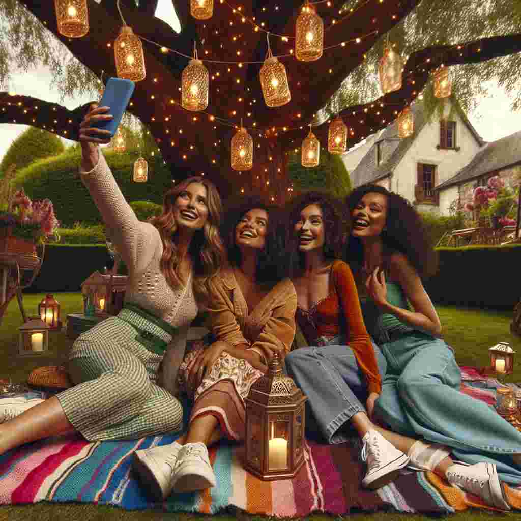 The scene features an outdoor picnic with stylish ladies gathered on a blanket, joyfully posing for a selfie. In the background, a tree is hung with lanterns and a sign saying 'Happy Birthday', adding a magical touch to the whimsical setting.
Generated with these themes: ladies  .
Made with ❤️ by AI.
