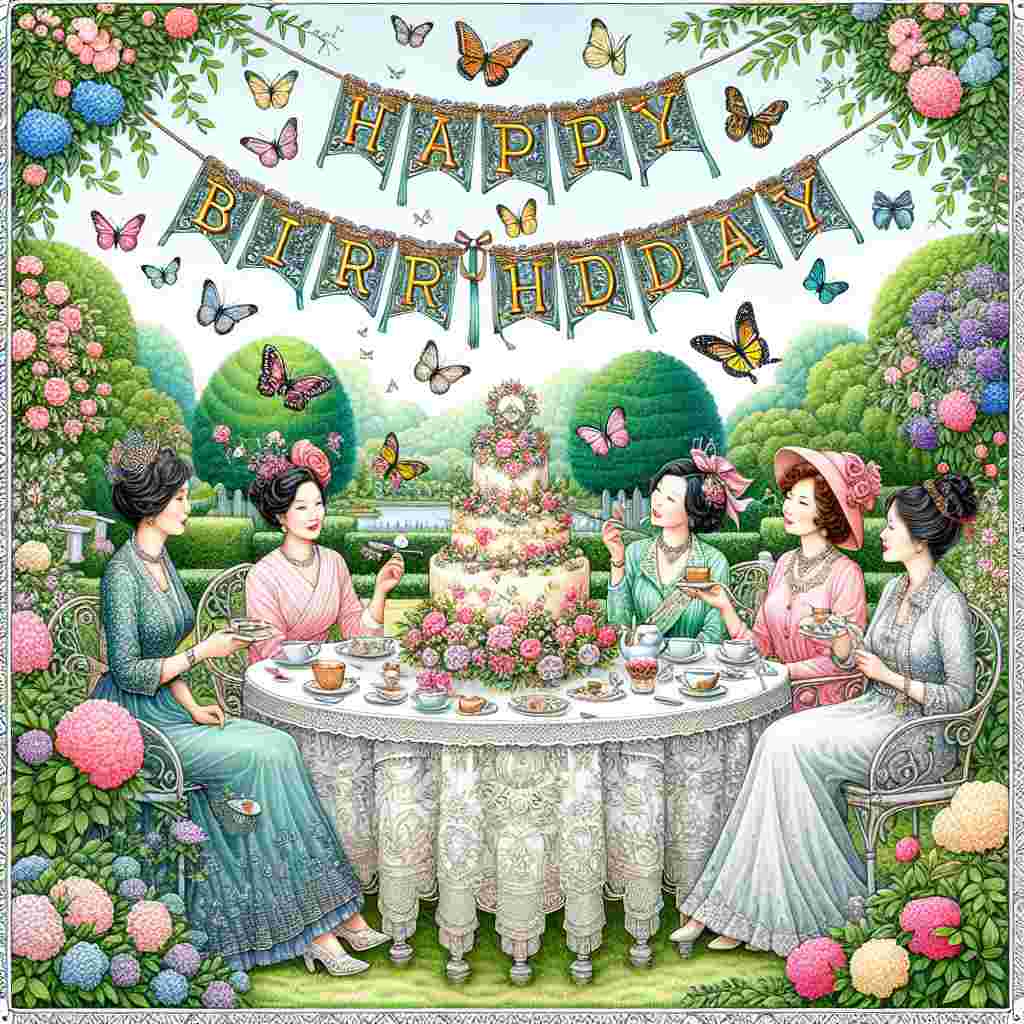 In this adorable illustration, a tea party is underway with fancy ladies in chic dresses, seated around a table adorned with a birthday cake. Above them, 'Happy Birthday' is spelled out in bunting letters, framed by fluttering butterflies and blooming flowers.
Generated with these themes: ladies  .
Made with ❤️ by AI.