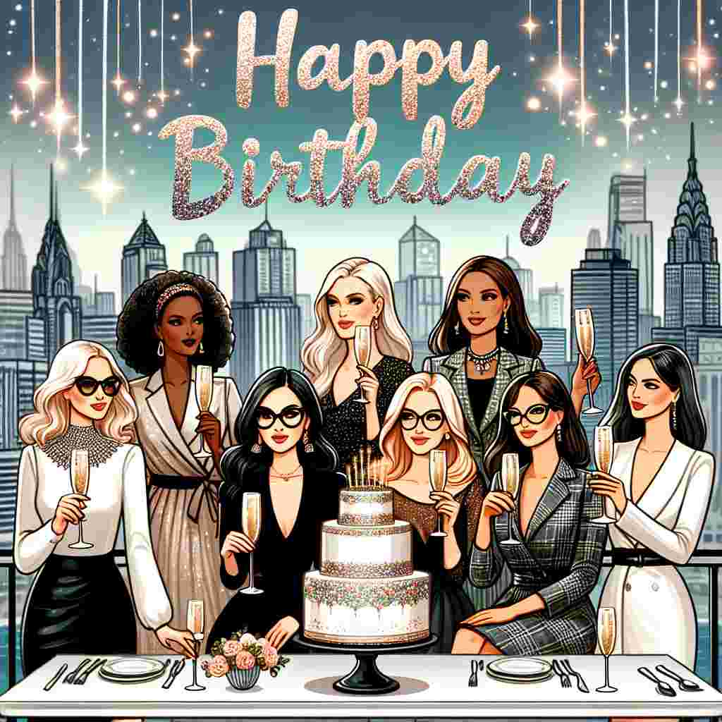 An illustration portraying sophisticated ladies at a rooftop celebration, with a skyline view behind them. They're toasting with champagne flutes beside a beautifully decorated birthday cake, while sparkly 'Happy Birthday' lettering floats overhead among the stars.
Generated with these themes: ladies  .
Made with ❤️ by AI.