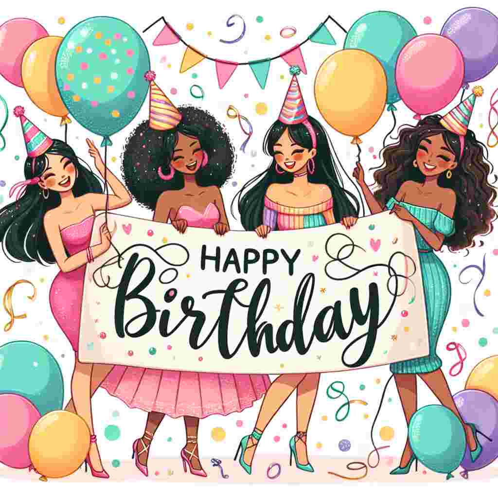 A charming illustration depicting a group of diverse ladies wearing party hats, frolicking amidst balloons and confetti in pastel colors. They are holding a banner with the text 'Happy Birthday' written in elegant, curvy font, surrounded by little hearts and sparkles.
Generated with these themes: ladies  .
Made with ❤️ by AI.