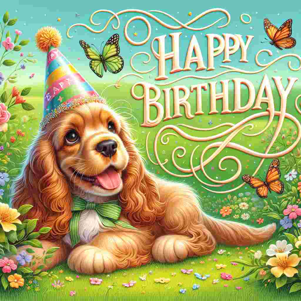 This cute birthday illustration depicts a Cocker Spaniel puppy amidst a meadow, with a birthday hat on and a joyful bark. A whimsical 'Happy Birthday' text curls around the image like a ribbon, integrating with flowers and butterflies that give the impression of a spring day celebration.
Generated with these themes: Spaniel (Cocker)  .
Made with ❤️ by AI.