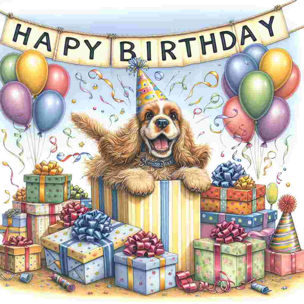 A quaint birthday card illustration featuring a Cocker Spaniel sitting amid a pile of gifts, its tail wagging excitedly. Party hats and colorful balloons float around the cheerful scene. In the background, a banner draped across the top reads 'Happy Birthday' in bold letters, matching the joy of the pup's expression.
Generated with these themes: Spaniel (Cocker)  .
Made with ❤️ by AI.