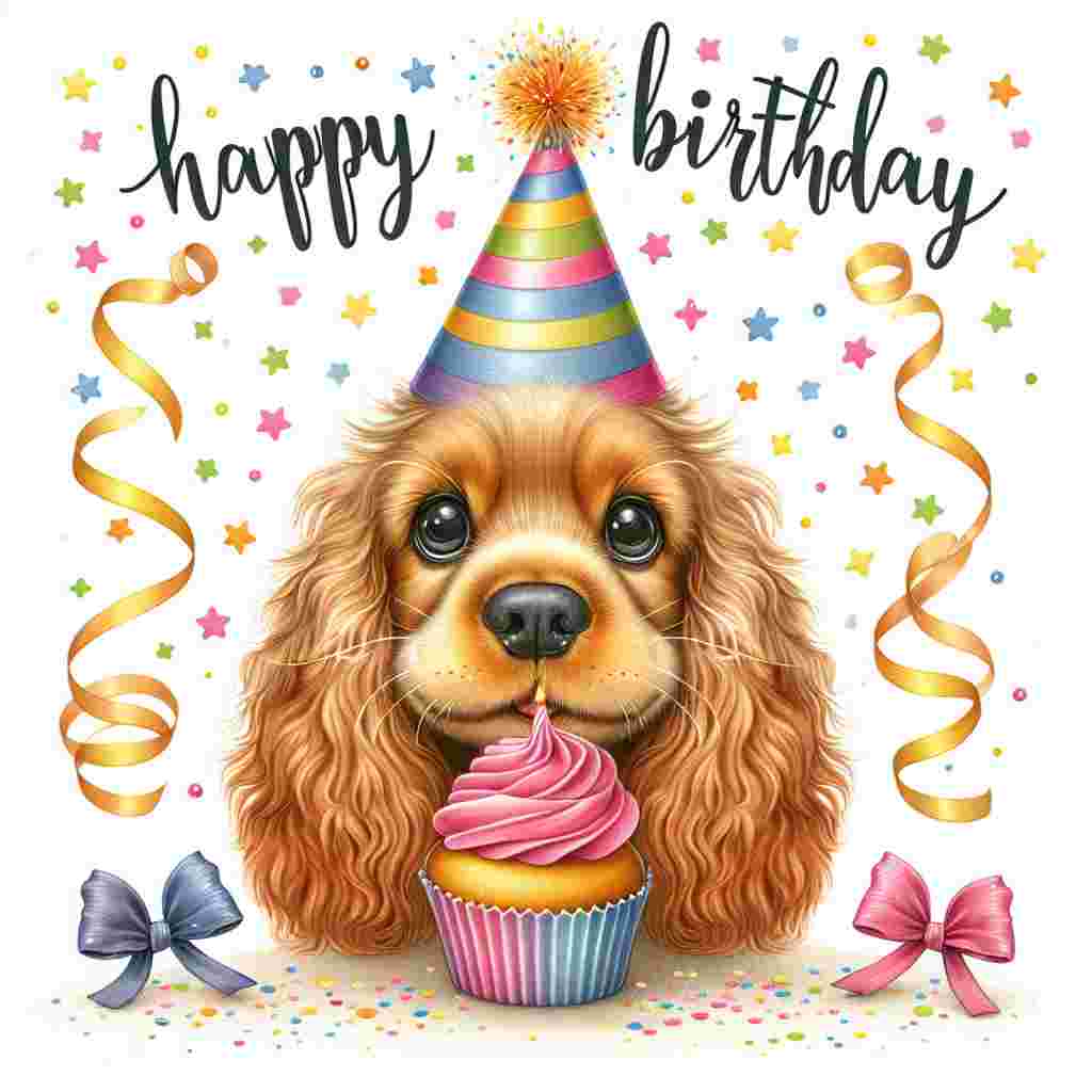 The design showcases a cartoon-style Cocker Spaniel wearing a festive party hat, with a cupcake balanced on its nose. Streamers cascade down the corners as confetti dots the air. Centered above the dog, the words 'Happy Birthday' are written in a playful, bubbly font surrounded by twinkling stars.
Generated with these themes: Spaniel (Cocker)  .
Made with ❤️ by AI.