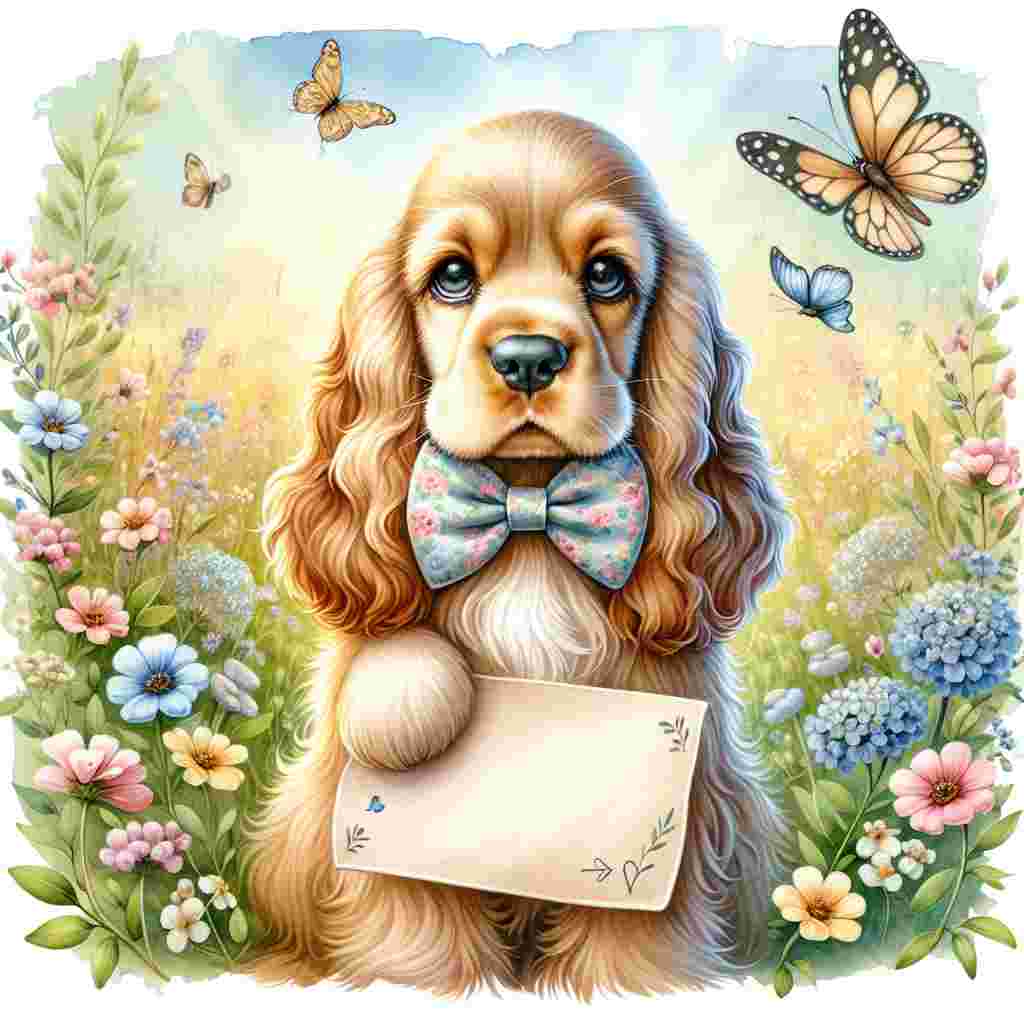 An endearing scene where a Cocker Spaniel clad in a bow tie is surrounded by a watercolor field of wildflowers. Butterflies flit nearby as the Spaniel holds a 'Happy Birthday' note in its mouth. The warm and soft hues of the illustration convey a serene birthday setting.
Generated with these themes: Spaniel (Cocker)  .
Made with ❤️ by AI.