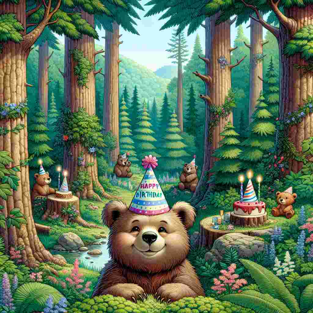 A whimsical forest setting serves as the backdrop for a heartwarming birthday illustration. In a clearing, a sweet bear cub wearing a 
Generated with these themes: grandson 4th  .
Made with ❤️ by AI.