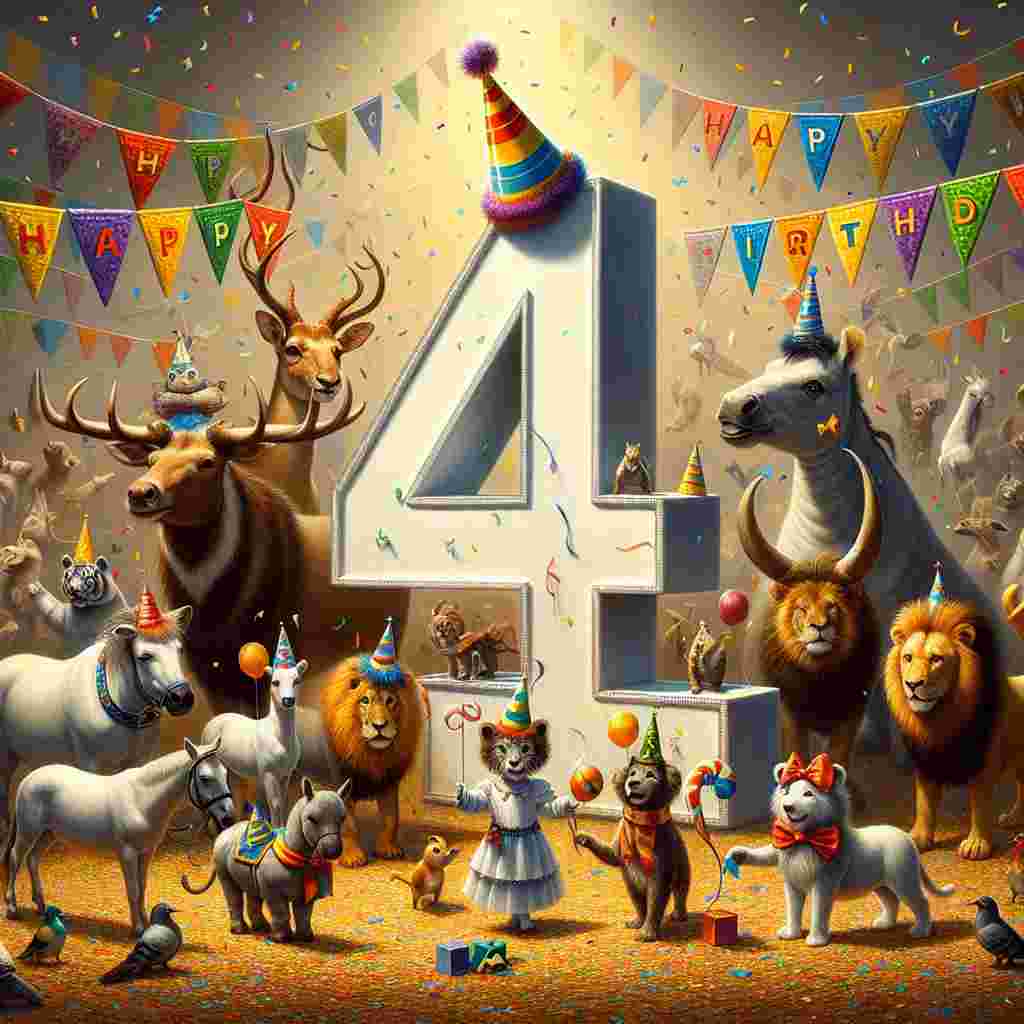 A cheerful birthday scene unfolds on a colorful background, where a playful number 4, adorned with a party hat, gleams at the center symbolizing the grandson's age. Around it, a parade of cute animals holds up a banner that reads 'Happy Birthday', their festive accessories and confetti adding to the merriment.
Generated with these themes: grandson 4th  .
Made with ❤️ by AI.