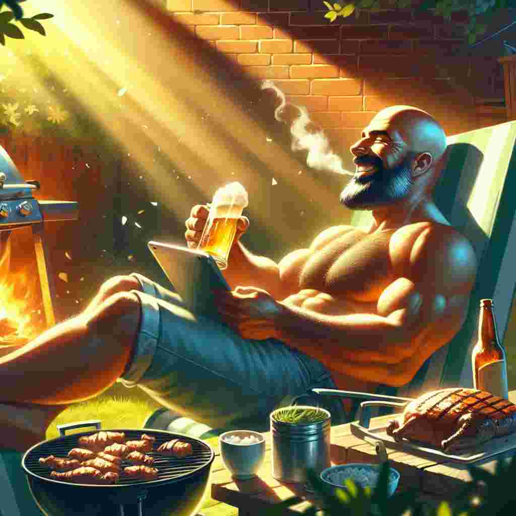 Illustrate a scene set on Father's Day, focusing on a bright corner of a garden illuminated by sunlight. In the scene, depict a bald, robust man with a dark beard, of Hispanic descent, lounging in comfort. He holds a cool beer and is engrossed in a soccer game on his tablet. The tantalizing scent of barbecue wafts through the air from a nearby grill. His hearty laughter reverberates through the scene, encapsulating the joyous spirit of fathers' day.
Generated with these themes: Bald fat man, Beer, Watching soccer, BBQ , Laughing, Black beard, and Sitting down.
Made with ❤️ by AI.