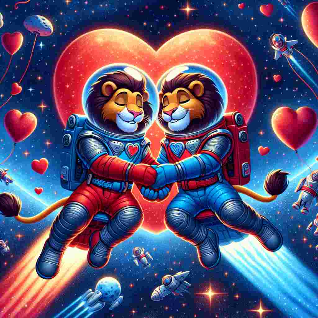 Envision an imaginative cartoon scene related to Valentine's Day featuring two lion brothers suspended in the cosmos. They are wearing spacesuits, their manes adorned with distinctive helmets shaped like hearts; one helmet is red, and the other blue. These lion siblings share an affectionate embrace in the depths of space. Their backdrop is a space scene brimming with a plethora of stars, with some planets and comets flying past in delightful heart shapes. The overall color palette is awash with a combination of red and blue shades, symbolising their intimate brotherly connection contrasted against the expansive coolness of the universe.
Generated with these themes: Lions, Brother, Space, and Colour red or blue.
Made with ❤️ by AI.