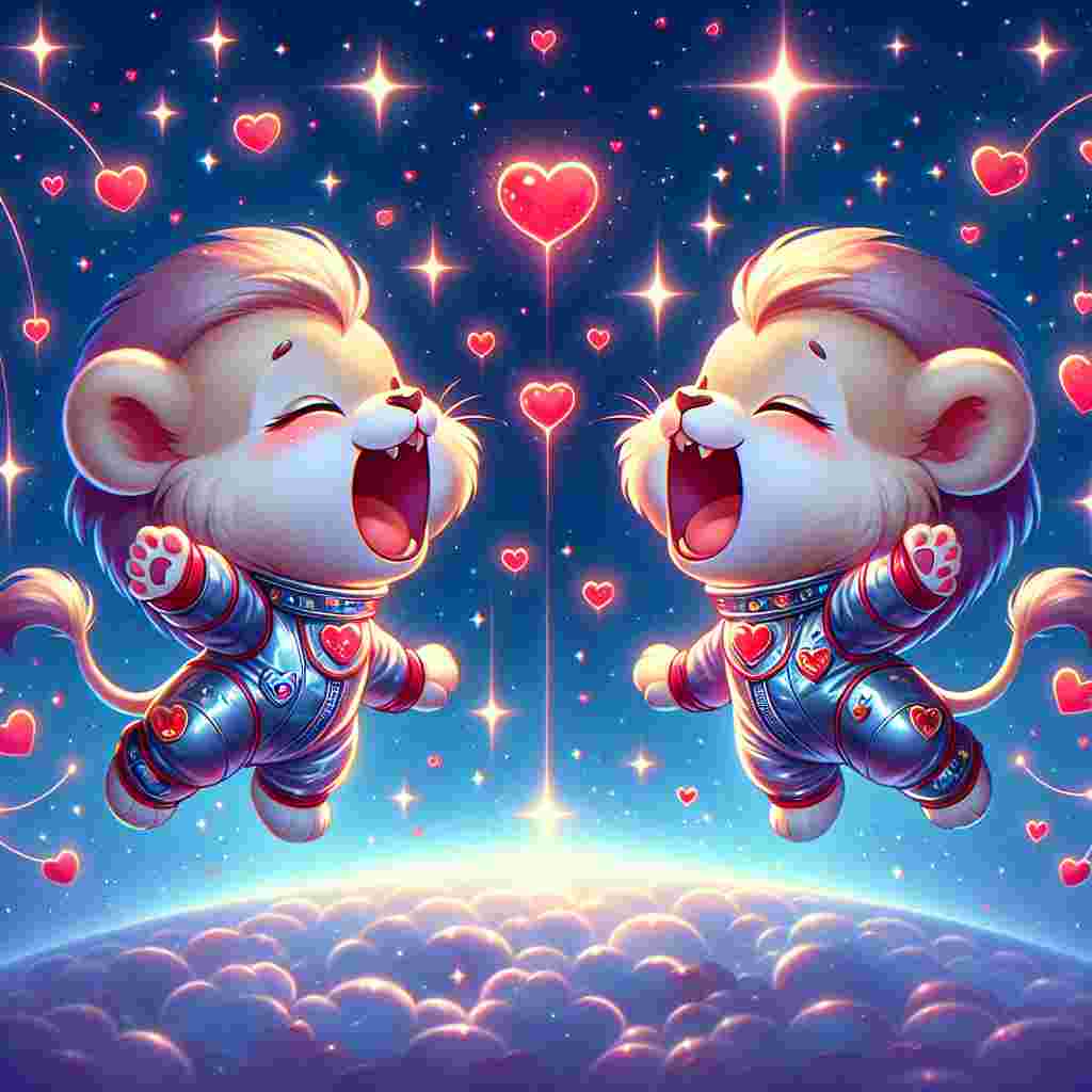 Illustrate a sentimental Valentine's Day scene set in a cosmic backdrop. Two cartoon-based lion siblings are playfully roaring 'I love you' to one another. The stars around them shimmer with a soft luminescence, shedding a gentle light on their soft, cartoon-like attributes. One lion is dressed in a glossy red spacesuit, whilst its sibling wears a gleaming blue spacesuit. Both their suits have a motif of tiny hearts. They are enclosed in zero gravity with numerous hearts floating around them. Their tails beautifully intertwine to make the form of a heart, symbolizing their brotherly love and unity on this special day among the serene beauty of the cosmos.
Generated with these themes: Lions, Brother, Space, and Colour red or blue.
Made with ❤️ by AI.