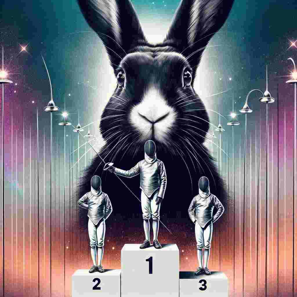 Capture a majestic black rabbit with a stark white nose standing tall on a victory podium. The rabbit's eyes are piercing, reflecting its journey to this moment. Surround the rabbit with an ethereal fencing salle where slender foils cross in salute. The background shimmers with the colors traditionally associated with international sporting competitions. The overall image should embody achievement and celebration in an otherworldly illustration.
Generated with these themes: Black rabbit with white nose, Fencing , and Olympic games.
Made with ❤️ by AI.