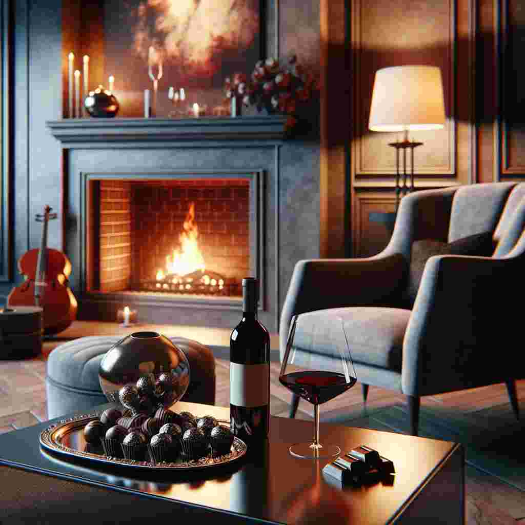 Visualize a cozy living room creating an aura of comfort and warmth. There is a plush armchair placed strategically facing a warm, crackling fireplace, creating an inviting ambiance. Nearby, a sleek side table holds a centerpiece comprising a bottle of luscious, aged red wine and an empty wine glass, suggesting anticipation for a well-deserved celebration. The faint sound of smooth jazz is present, enveloping the room in relaxing melodies. One can almost smell the scent of rich, dark chocolate truffles that are elegantly displayed on a silver platter on the coffee table, an offering for a moment of indulgence and relaxation.
Generated with these themes: Red wine , Relaxing , and Chocolate.
Made with ❤️ by AI.