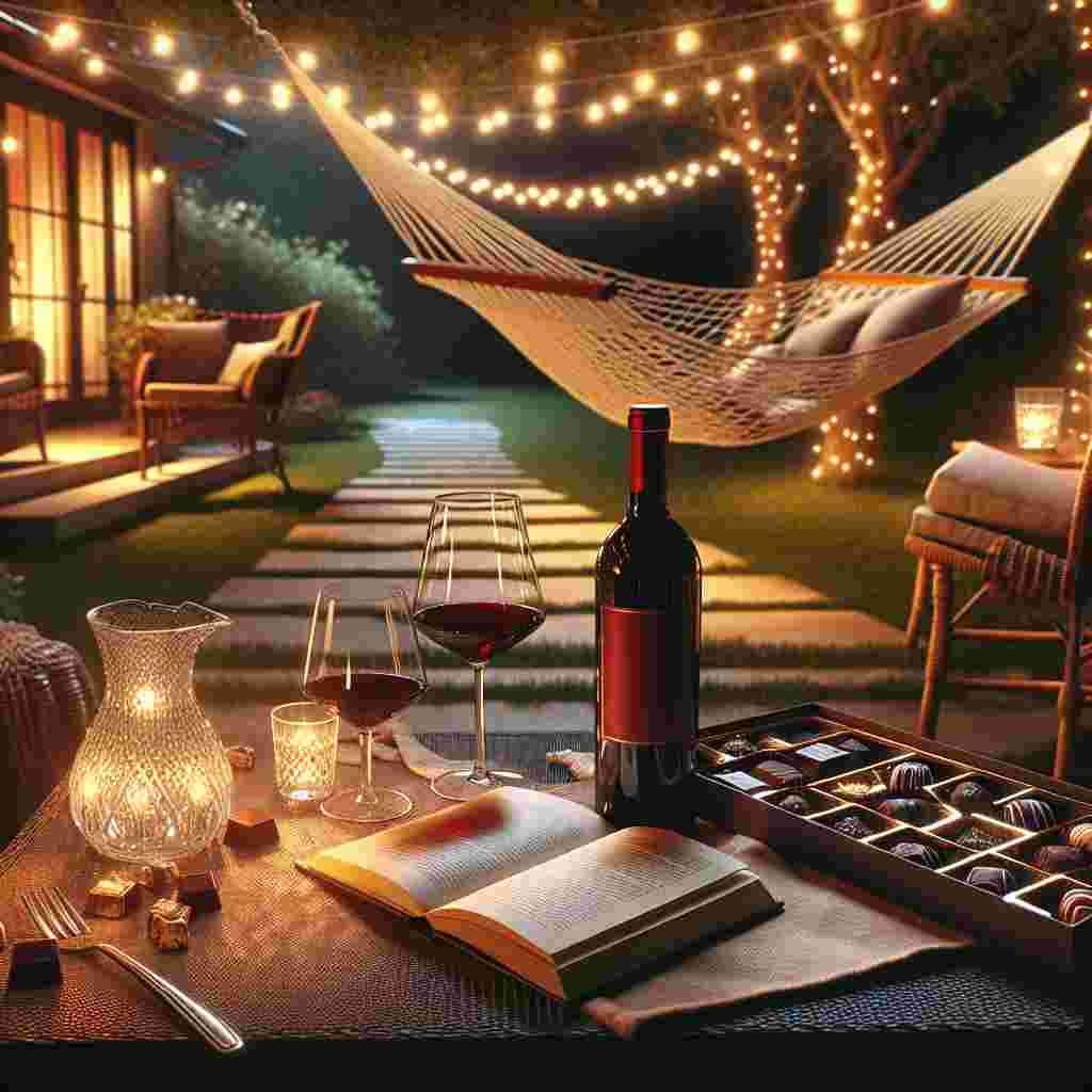 Picture a tranquil backyard patio bathed in the soft aura of twinkle lights, creating a warm and friendly atmosphere. A quiet breeze gently rocks a hammock placed in the center, an open book lies lazily on its side as if just put down. A well-set table stands nearby, complete with a bottle of scarlet wine, a shining crystal decanter, and a half-filled glass, symbolizing a well-deserved respite. A box of gourmet chocolates, invitingly open, waits within easy reach, ready to be savored on this peaceful father's day evening.
Generated with these themes: Red wine , Relaxing , and Chocolate.
Made with ❤️ by AI.