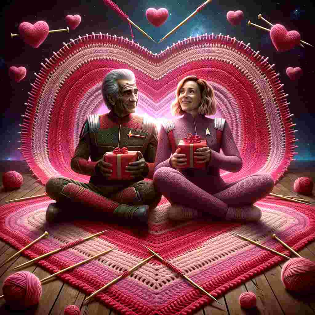 A heartwarming celebration of Valentine's Day featuring sci-fi characters from two popular television series, sitting together on a cozy, oversized blanket knitted intricately in hues of pink and red. These are not specific characters, but represent suspense, adventure, and humor. They are sharing presents and smiles, surrounded by a rim of interlinked hearts and knitting needles. The background subtly hints at the cosmically vast expanse of space, artistically meshing the profundity of the science fiction world with the warmth and comfort of the crafting environment.
Generated with these themes: Doctor who, red dwarf, knitting.
Made with ❤️ by AI.