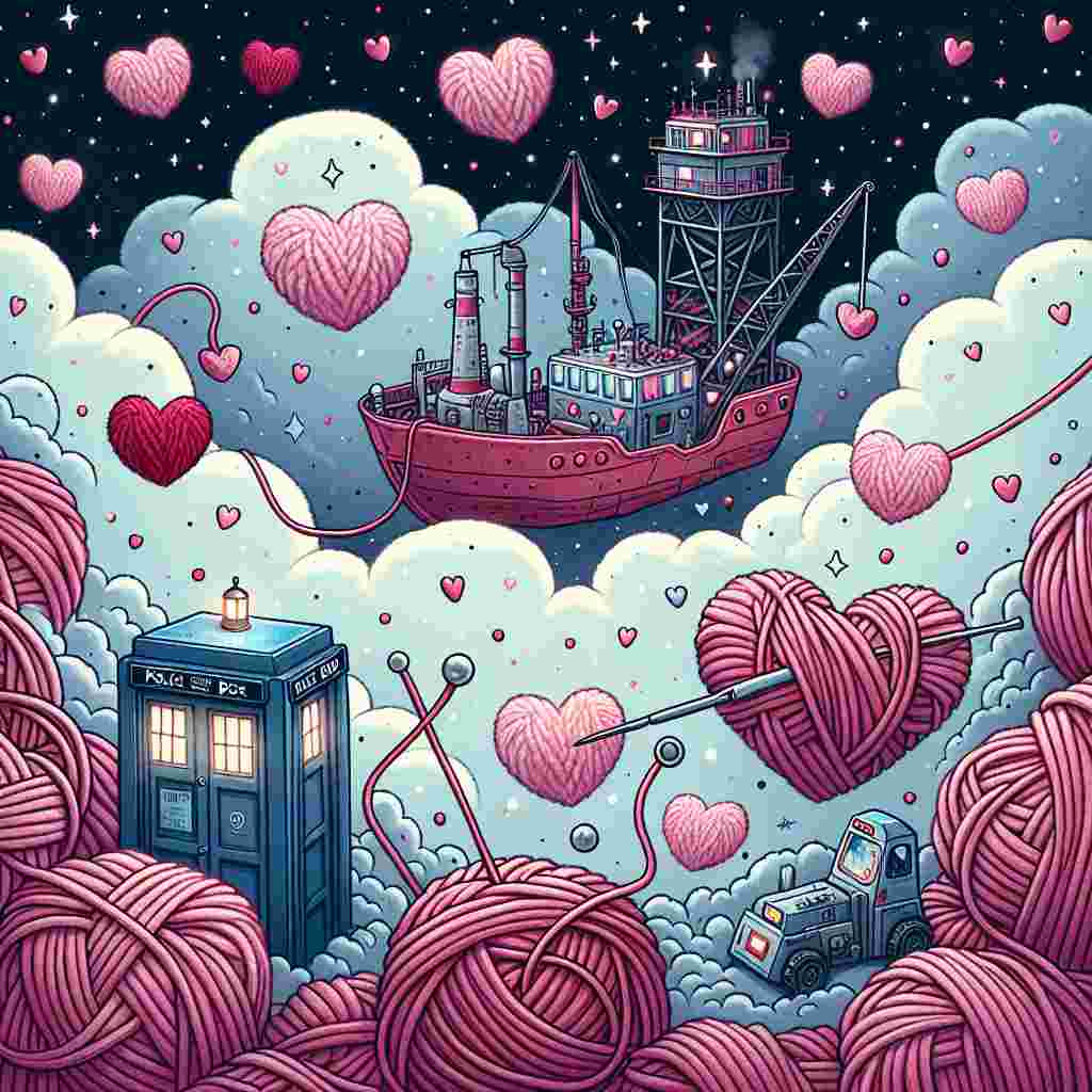Create a whimsical Valentine's Day illustration featuring a vintage British police box and a stout red mining spaceship nestled amongst fluffy pink and red yarn-like clouds, symbolizing a knitting theme. Amid this cosmic yarn environment, cartoonish hearts are scattered around, as though being woven together by an unseen force, creating a light-hearted and affectionate atmosphere that's ideal for the holiday celebration.
Generated with these themes: Doctor who, red dwarf, knitting.
Made with ❤️ by AI.