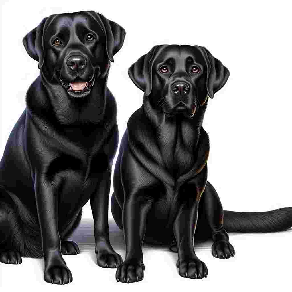 Depict a pair of charming, adult Labrador Retrievers. The dogs possess sleek black fur that captures the light perfectly, and deep brown eyes that sparkle with a sense of intelligence and faithfulness. Each dog's physique is robust, embodying the characteristics of the breed. They are seated next to each other, their tails harmoniously moving back and forth. The surrounding environment does not contain any kittens, yet the sense of companionship these dogs share manages to fill it with warmth and happiness.
.
Made with ❤️ by AI.
