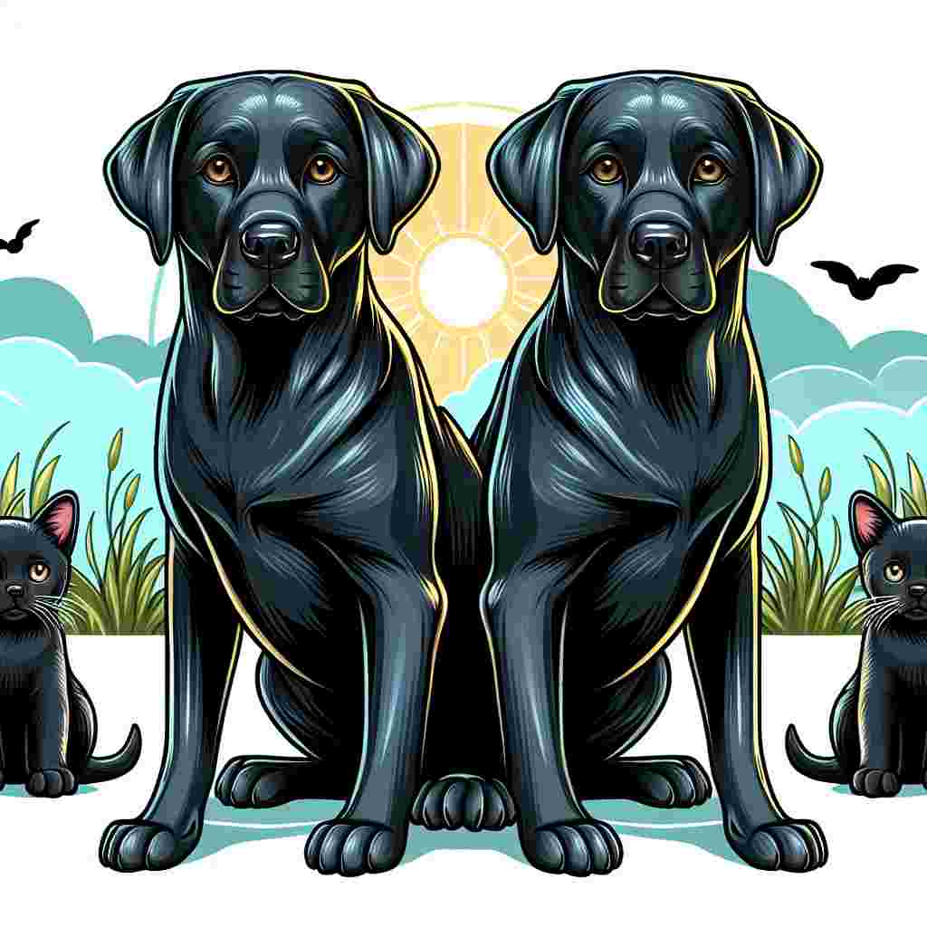 Create an enchanting cartoon illustration featuring two adult Labrador Retrievers as the central characters. Their sleek black coats are illustrated to shine under the cartoon sun, providing a beautiful contrast against their inviting brown eyes that reflect warmth and amiability. Their average physique and nonchalant postures give off a vibe of contentment. Make sure there are no kittens in the scene to ensure the focus remains solely on the Labradors.
.
Made with ❤️ by AI.