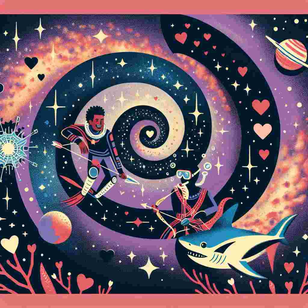 Visualize a distinctive Valentine's Day card that transports you from the conventional amorous setting to an interstellar underwater journey. The design showcases a Hispanic male and a Black female snorkelling together amidst spiralling galaxies, experiencing a close moment as they observe a jokingly amiable shark adorned with a cupid's bow and arrow. In the backdrop, heart-shaped planets rotate around a smitten star, introducing a celestial spin to the deep-sea rendezvous.
Generated with these themes: Snorkelling, Shark, Space, and Planets.
Made with ❤️ by AI.