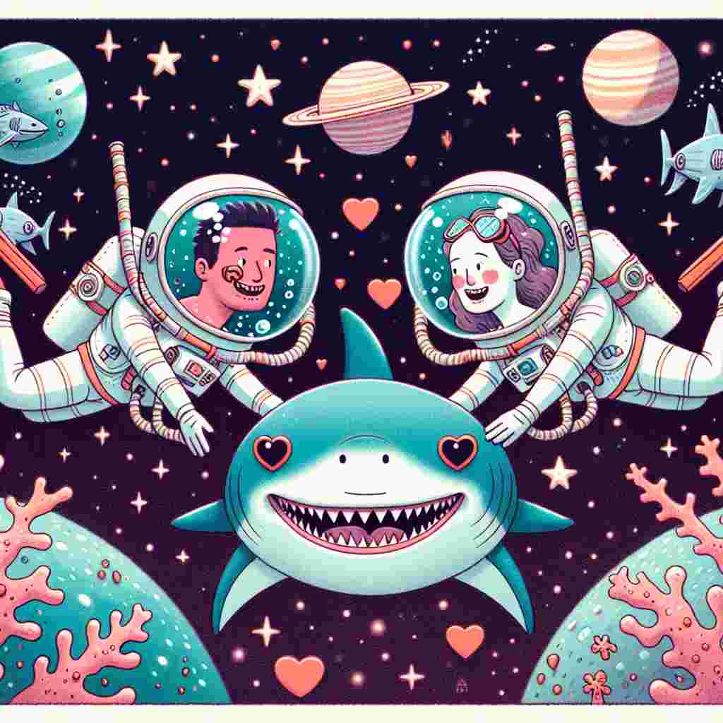 A humorous Valentine's Day greeting card featuring space exploration combined with underwater snorkeling. Two lovers of unspecified gender and diverse descents are floating in zero gravity with snorkels, playfully avoiding an astronaut-suited shark with a wide smile. The surrounding planets are cleverly disguised as whimsical sea creatures and stars are patterned to resemble affectionate eyes. This scenario illustrates a peculiar yet charming depiction of romantic love in an extraordinarily unconventional environment.
Generated with these themes: Snorkelling, Shark, Space, and Planets.
Made with ❤️ by AI.