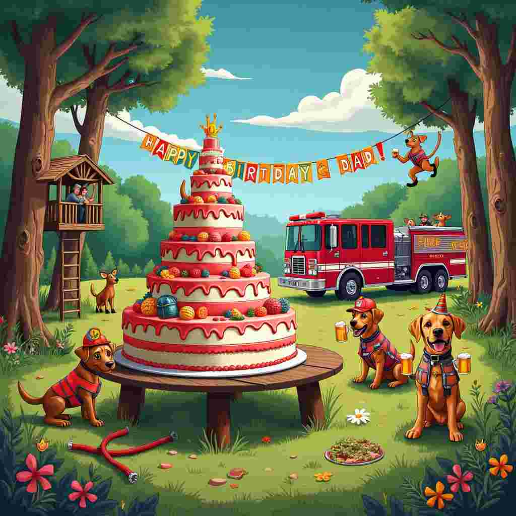 In the vibrant, detailed birthday scene, a lush forest clearing is alive with quirky activity. At the center, an enormous, towering birthday cake shaped like a fire truck sits on a picnic table. The fire truck cake is impeccably detailed, with bright red frosting, tiny fondant hoses, and wheels, with the words "Happy Birthday Dad!" written in thick, colorful icing along the side.

To the right of the cake, a group of playful dogs is seen having a blast. One dog, wearing a tiny firefighter hat, is perched on the ladder of the fire truck cake, while another, dressed in a hunting vest, is holding a toy deer with a silly expression on its face. Nearby, a Labrador with a foam antler headband is trying to balance a frosty mug of beer on its nose, clearly the center of everyone's amusement.

In the background, a real fire truck is parked among the trees, its lights flashing in festive colors. Several firefighters are leaning out of the truck's windows, each holding a mug of beer and raising a toast towards the cake.

The sky above is a brilliant blue with fluffy clouds, where a banner is strung between two tall trees, spelling out "Happy Birthday Dad!" in large, colorful letters. A couple of deer can be seen peeking out from behind the trees, with one even sipping from a beer mug placed on the ground.

To the left, a comically exaggerated deer stand is visible, with a hunter (wearing a birthday hat) relaxing inside, looking down at the humorous chaos below with a smile. All around the scene, vibrant green grass, wildflowers, and whimsical details bring the lively birthday celebration to life, capturing a perfect blend of fire trucks, dogs, hunting, deer, and beer in an imaginative, delightful setting for "Dad."
Generated with these themes: Fire trucks, Dogs , Hunting , Deer, and Beer.
Made with ❤️ by AI.